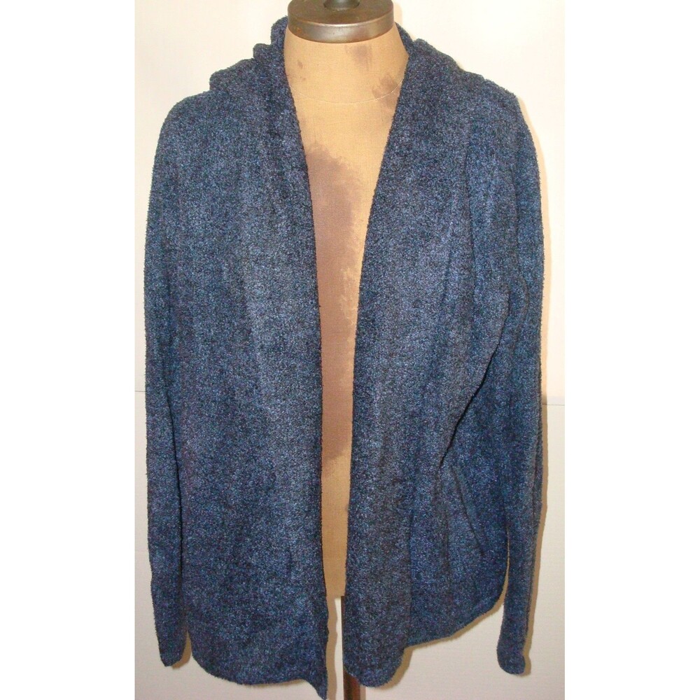 New NWT M barefoot dreams Blue Black Double hood cardigan Sweater long sleeve